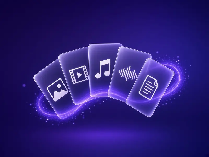 Image, video, music, audio and document file cards fanned out